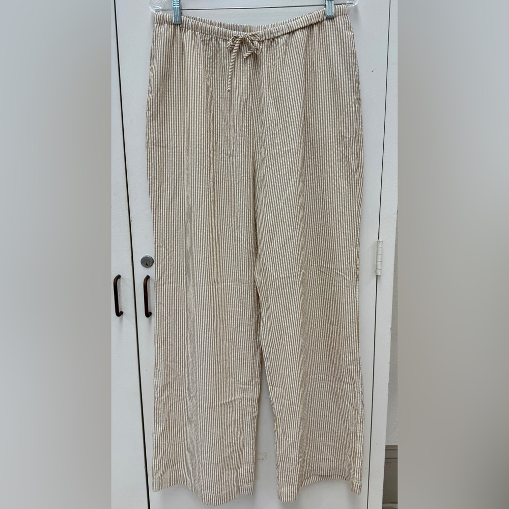 Mahina Tan & White Striped Wide Leg Pull On Drawstring Pants Size L